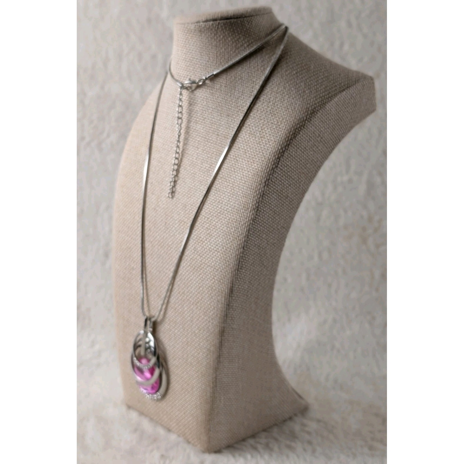 Silver Tone Pink Crystal Statement Necklace Rhinestone Pendant Snake Chain